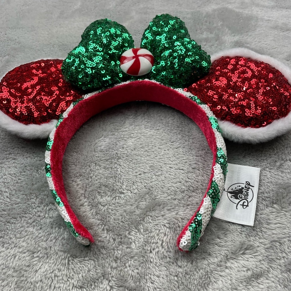 Disney Parks Christmas Candy Cane Minnie Mouse Ears Sequins Headband Adult Size - Picture 2 of 7